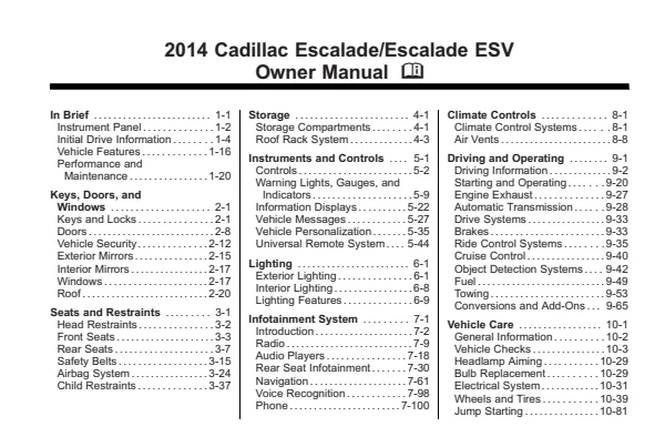 Cover of the 2014 Cadillac Escalade ESV owner manual