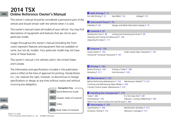 Cover of the 2014 Acura TSX owner's manual