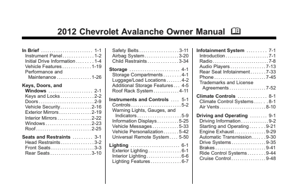 Cover of the 2012 Chevrolet Avalanche owner manual
