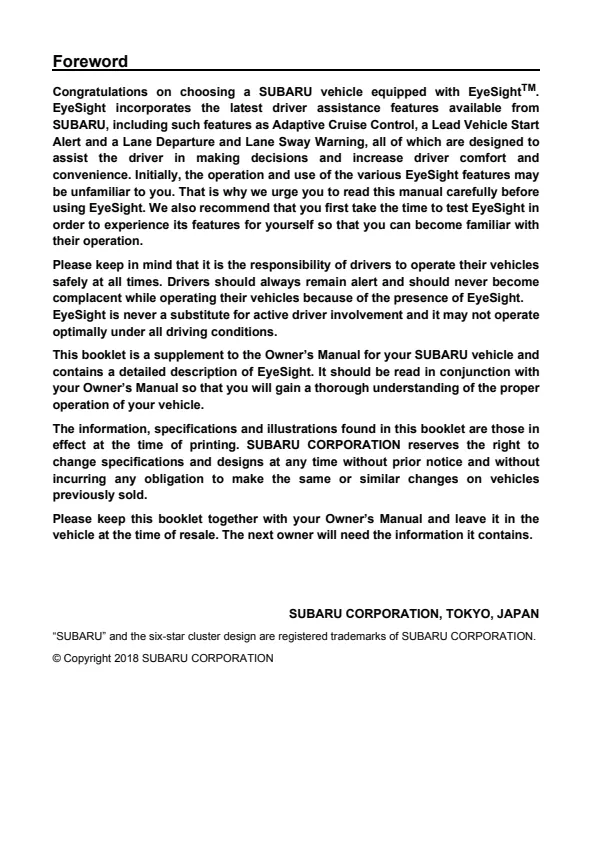 Cover of the 2019 Subaru Forester EyeSight owner manual