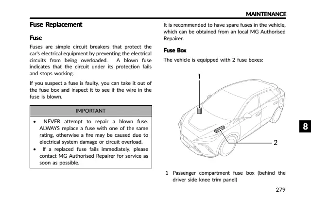 Fuse information on page 279 of the 2026 MG MG4 EV manual