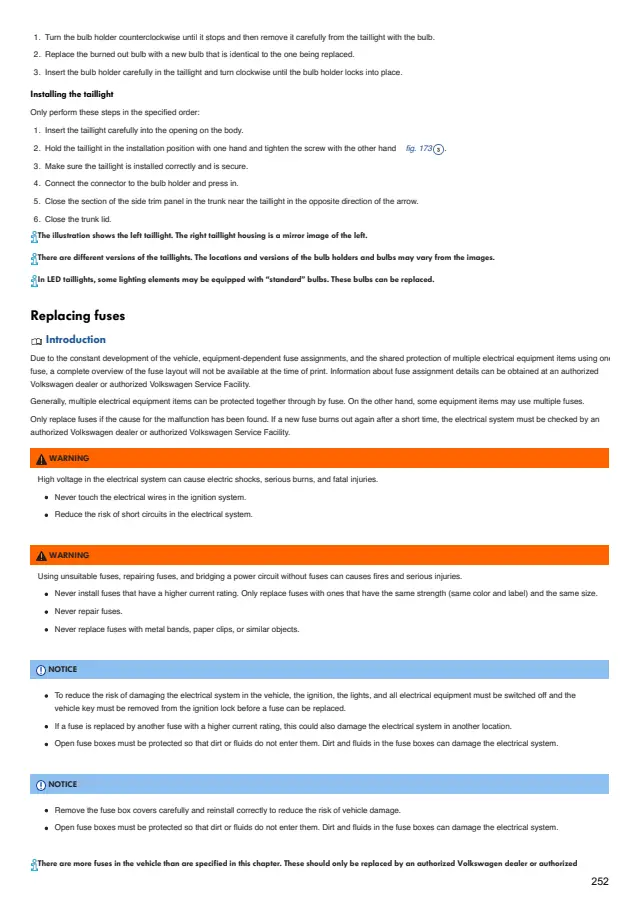 Fuse information on page 252 of the 2020 Volkswagen Tiguan manual