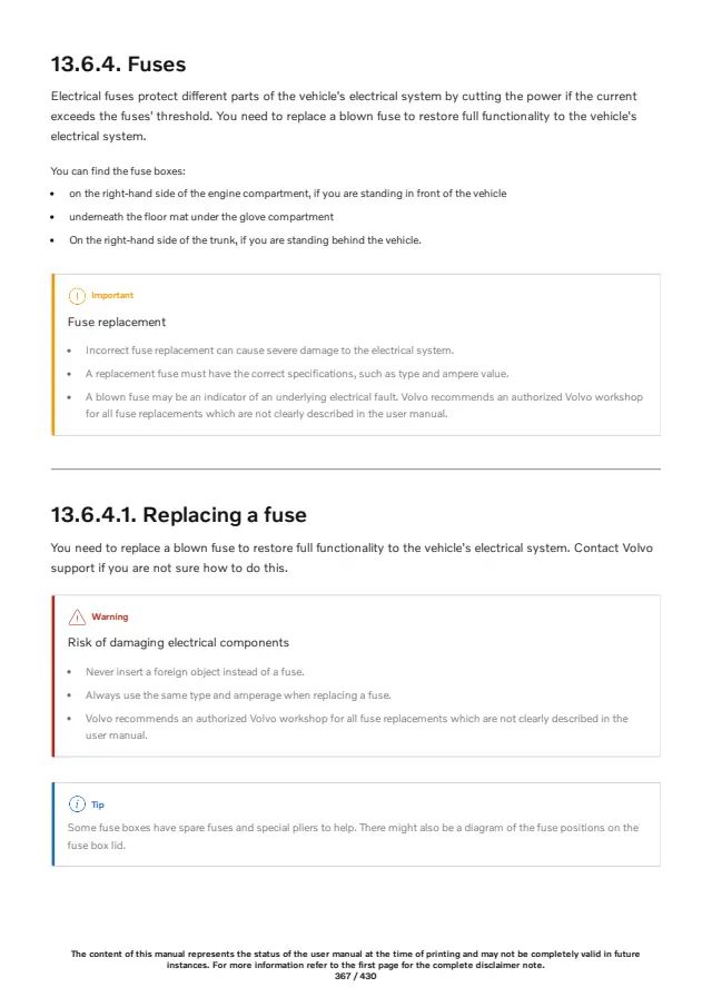 Fuse information on page 367 of the 2025 Volvo V60 Plug-in Hybrid manual