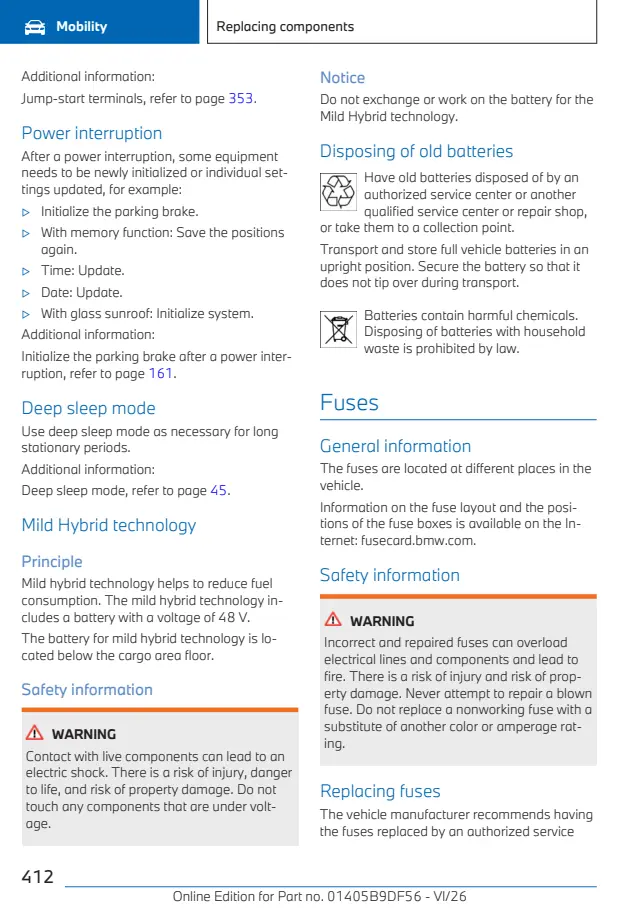 Fuse information on page 412 of the 2027 BMW X5 manual