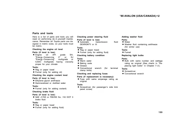 Fuse information on page 199 of the 1998 Toyota Avalon manual