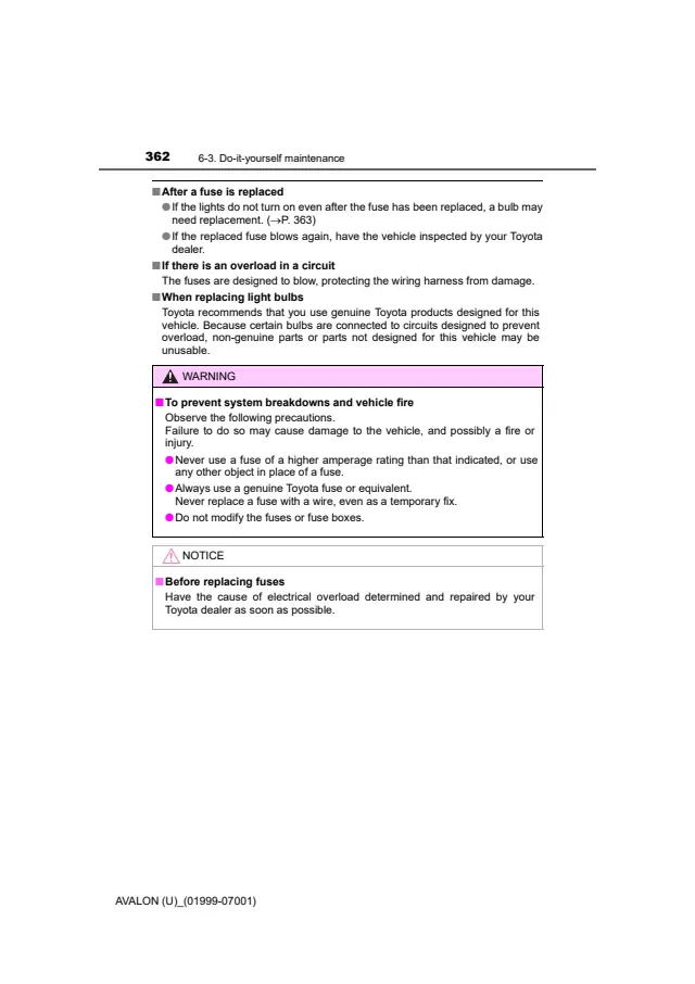 Fuse information on page 362 of the 2016 Toyota Avalon manual