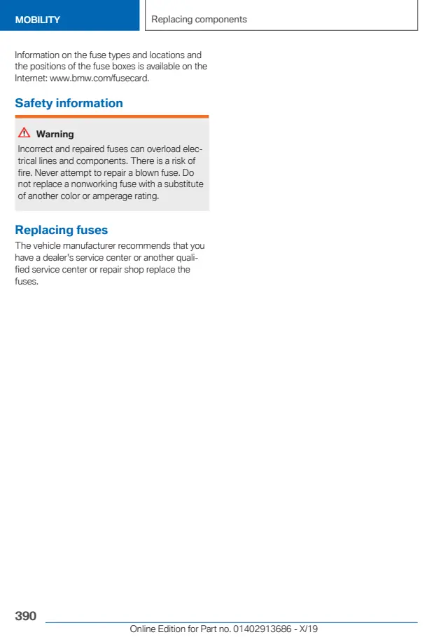 Fuse information on page 390 of the 2020 BMW X5 manual
