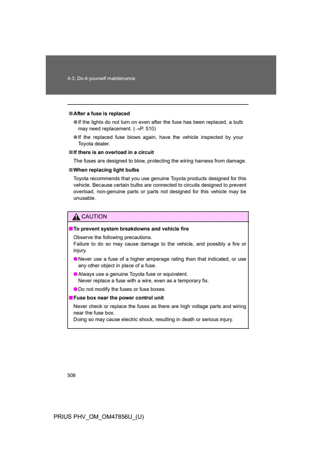 Fuse information on page 508 of the 2014 Toyota Prius Plug-in Hybrid manual