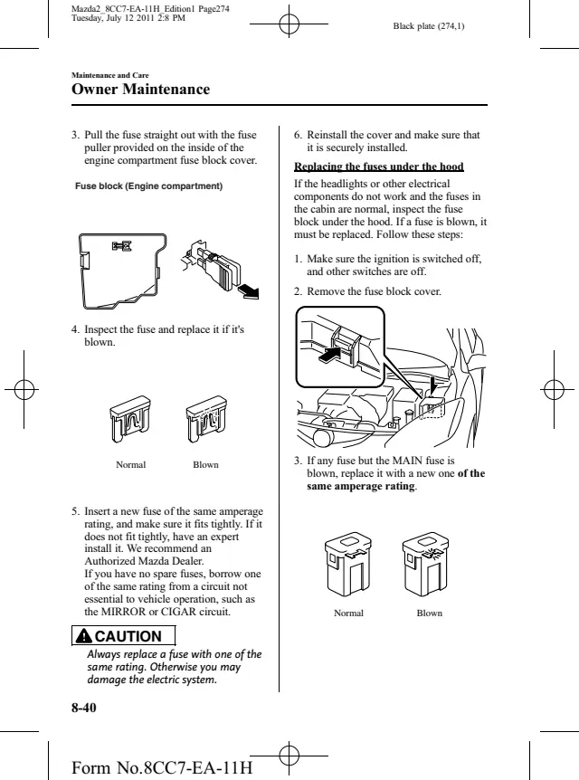Fuse information on page 274 of the 2012 Mazda Mazda2 manual