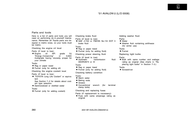 Fuse information on page 265 of the 2001 Toyota Avalon manual