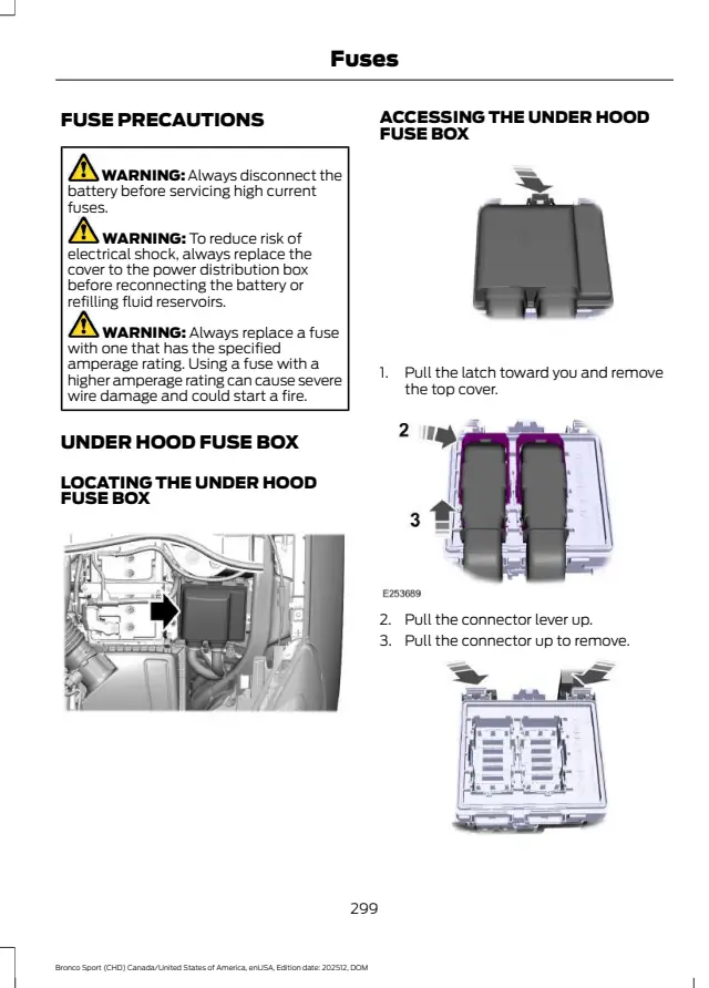 Fuse information on page 303 of the 2026 Ford Bronco Sport manual