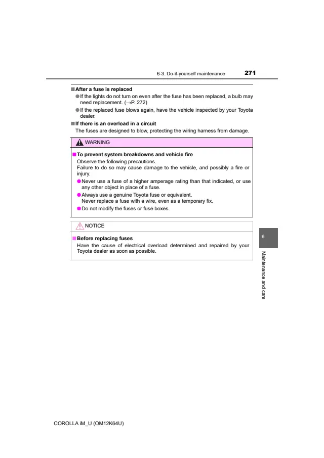 Fuse information on page 271 of the 2017 Toyota Corolla iM manual