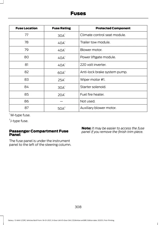 Fuse information on page 312 of the 2021 Ford Galaxy manual