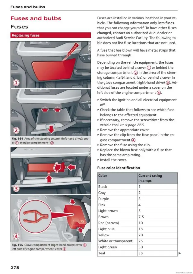 Fuse information on page 280 of the 2024 Audi A3 manual