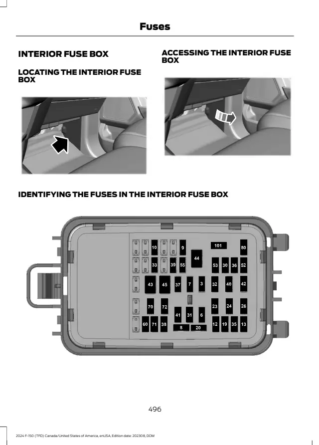 Fuse information on page 500 of the 2024 Ford F-150 manual
