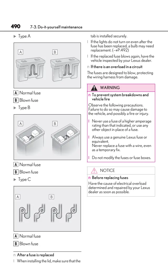 Fuse information on page 493 of the 2026 Lexus ES manual