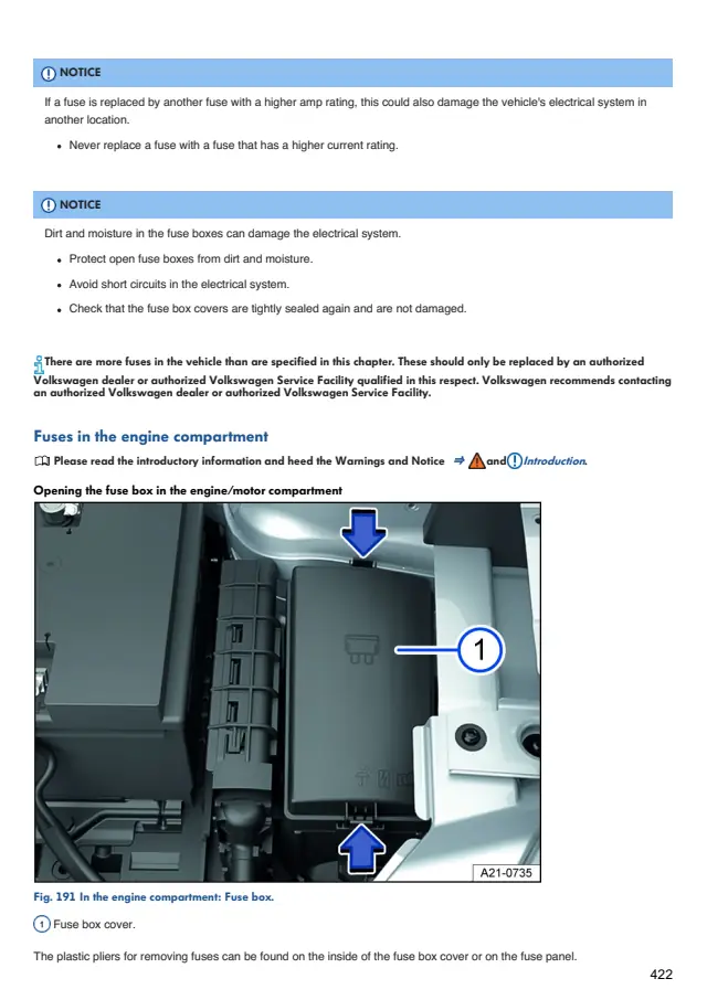 Fuse information on page 422 of the 2024 Volkswagen Tiguan manual