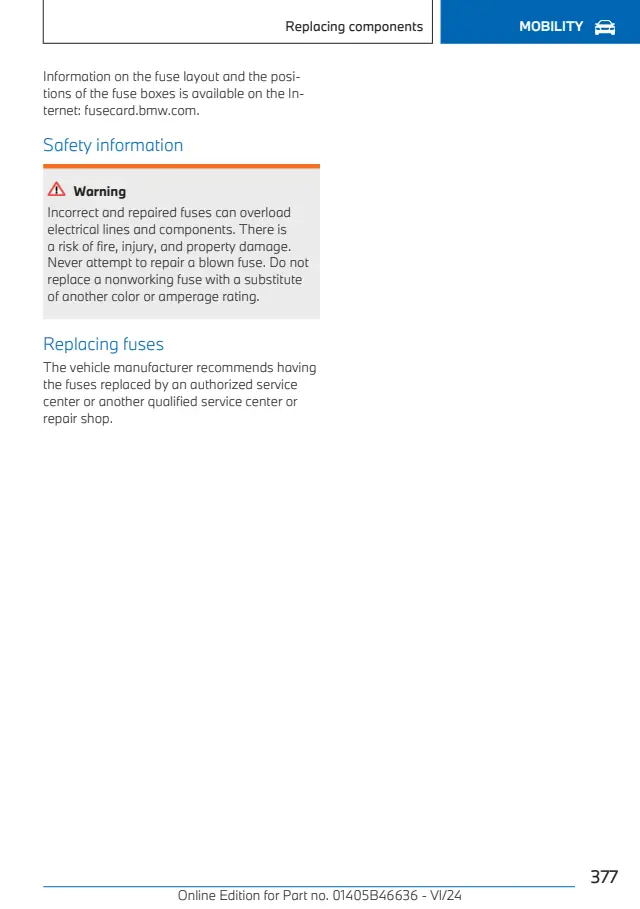 Fuse information on page 377 of the 2025 BMW X1 manual