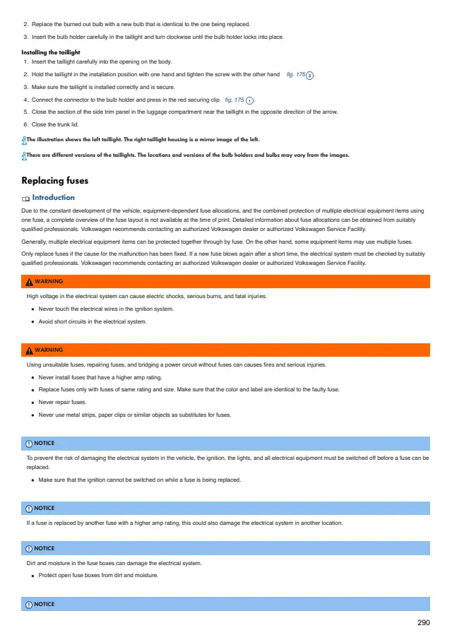 Fuse information on page 290 of the 2023 Volkswagen Atlas manual