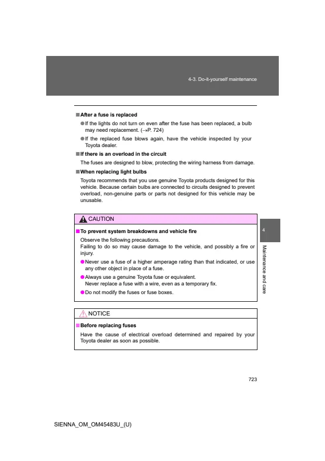 Fuse information on page 723 of the 2014 Toyota Sienna manual