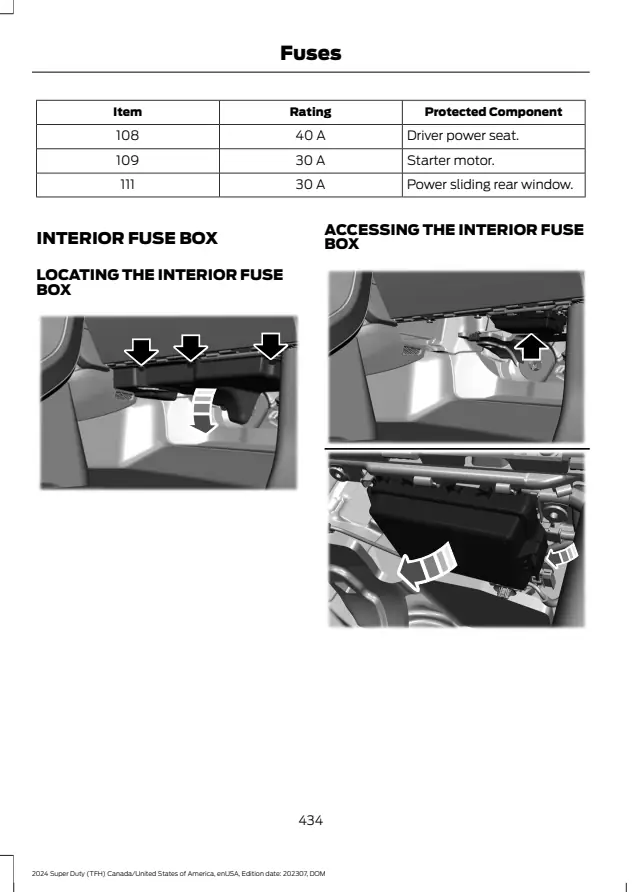 Fuse information on page 438 of the 2024 Ford Super Duty manual