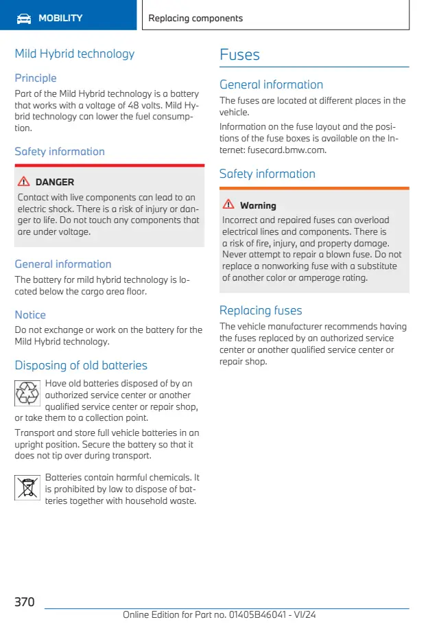 Fuse information on page 370 of the 2025 BMW 5 Series manual