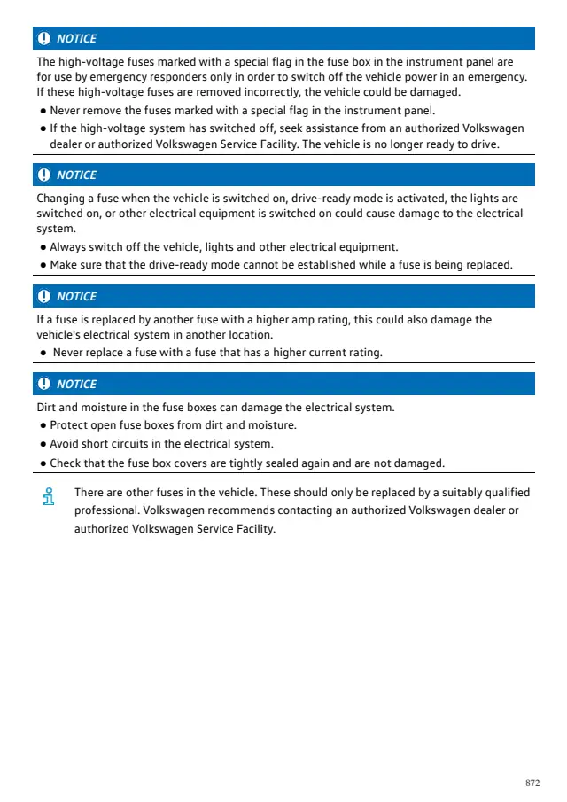 Fuse information on page 872 of the 2027 Volkswagen ID.4 manual