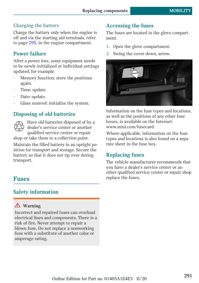 Fuse information on page 291 of the 2021 MINI Cooper manual