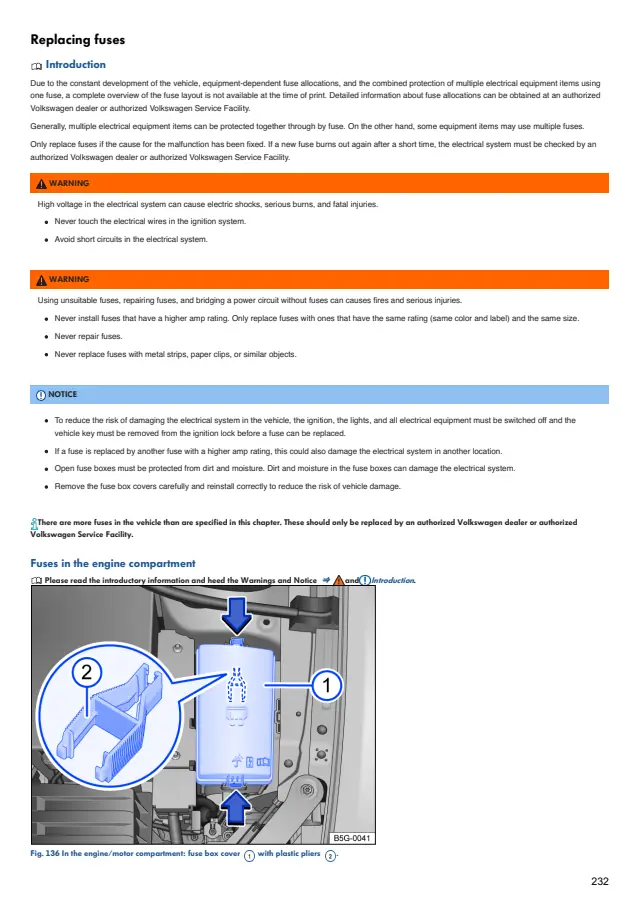 Fuse information on page 232 of the 2021 Volkswagen Jetta GLI manual