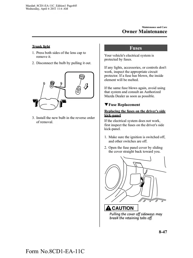 Fuse information on page 445 of the 2012 Mazda Mazda6 manual