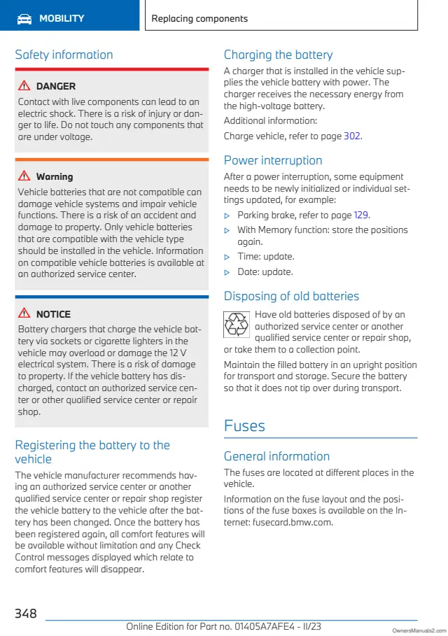 Fuse information on page 348 of the 2024 BMW iX manual