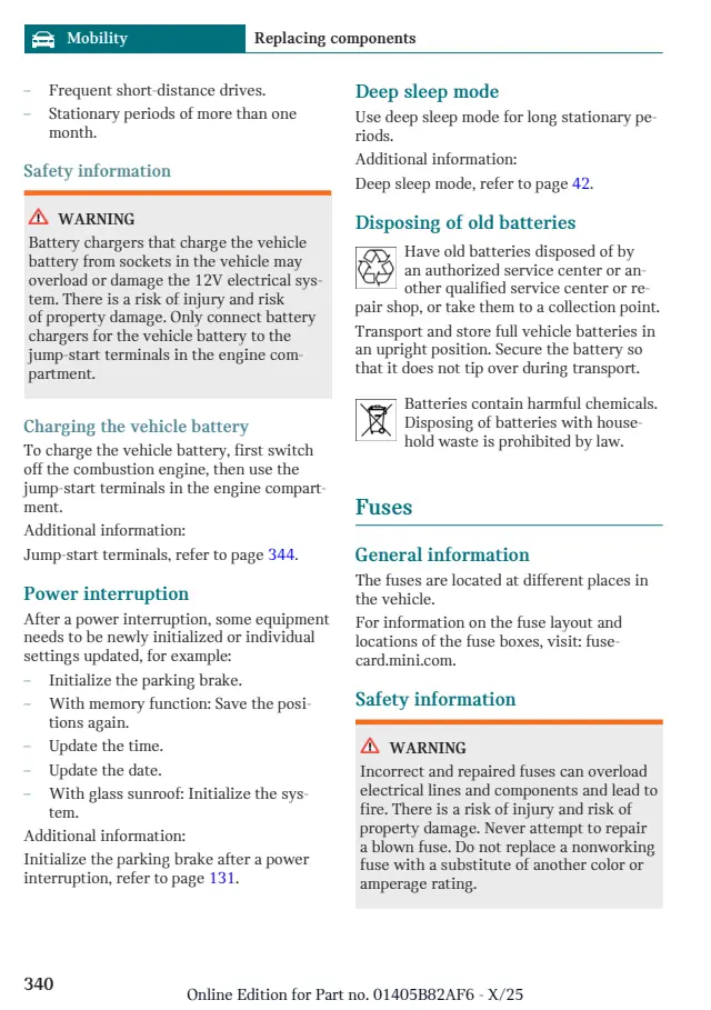 Fuse information on page 340 of the 2026 MINI Cooper manual