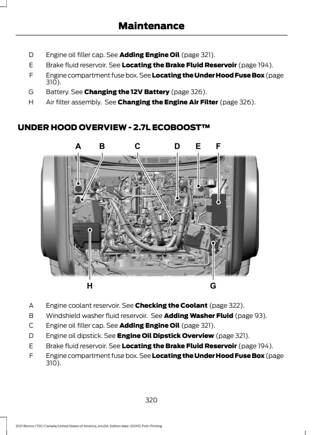 Fuse information on page 324 of the 2021 Ford Bronco manual