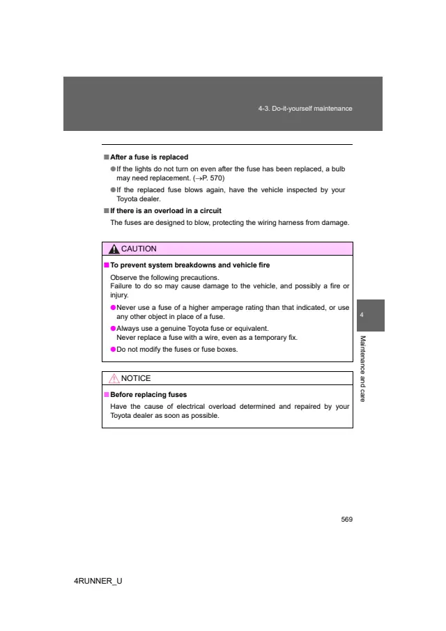 Fuse information on page 569 of the 2013 Toyota 4Runner manual