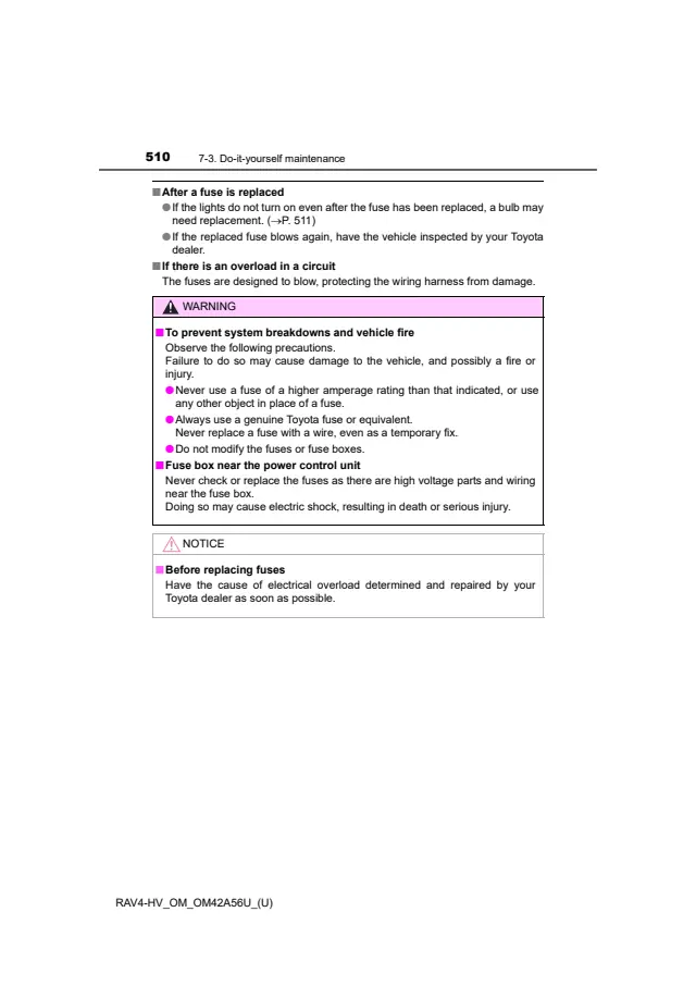 Fuse information on page 510 of the 2016 Toyota RAV4 Hybrid manual
