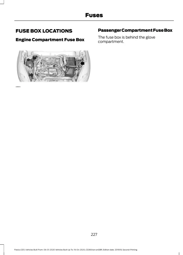 Fuse information on page 231 of the 2020 Ford Fiesta manual