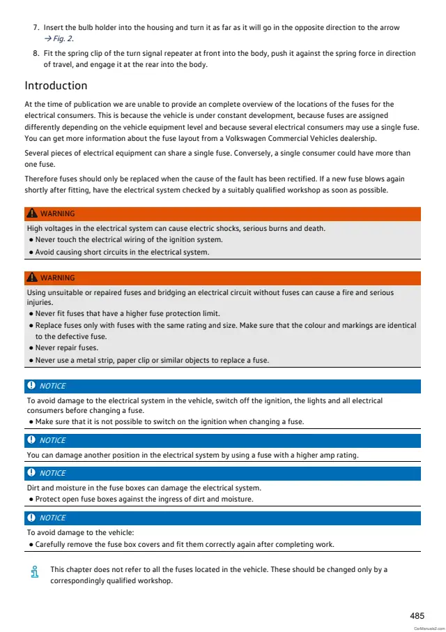 Fuse information on page 485 of the 2024 Volkswagen Caddy manual