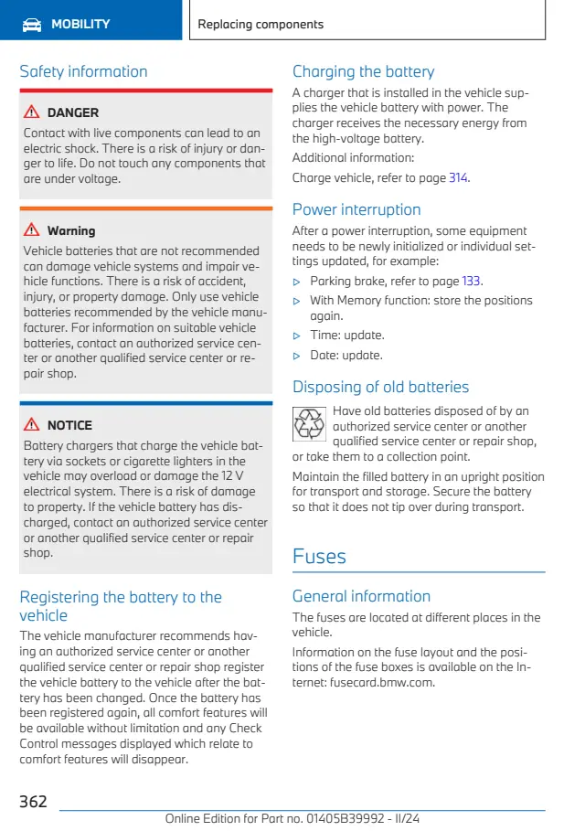 Fuse information on page 362 of the 2025 BMW iX manual