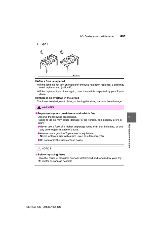 Fuse information on page 441 of the 2018 Toyota Sienna manual