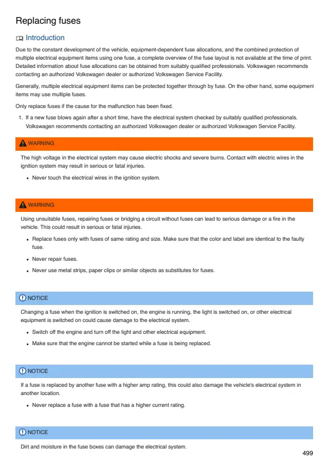 Fuse information on page 499 of the 2026 Volkswagen Taos manual