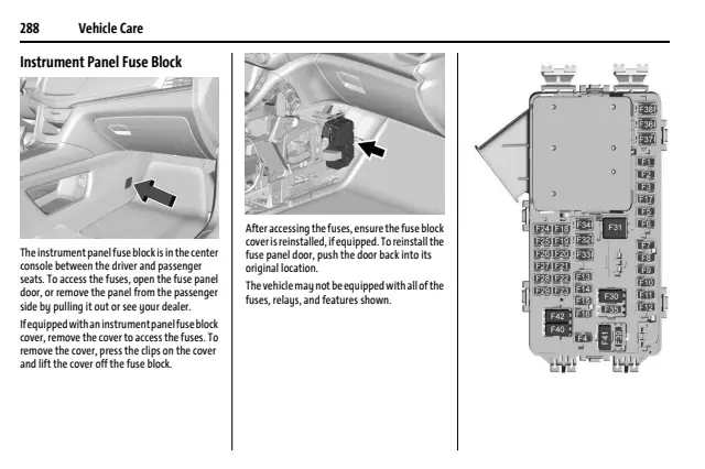 Fuse information on page 289 of the 2025 Cadillac XT5 manual