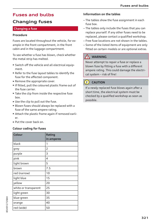 Fuse information on page 323 of the 2026 Audi Q6 e-tron manual