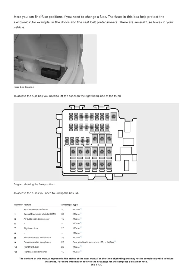 Fuse information on page 368 of the 2024 Volvo S90 Plug-in Hybrid manual