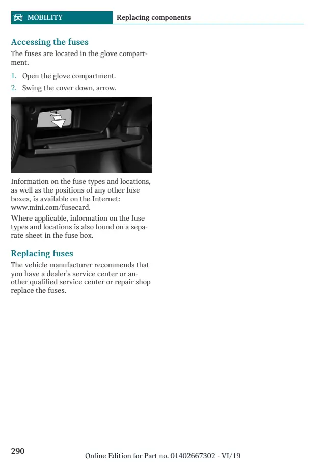Fuse information on page 290 of the 2020 MINI Cooper Convertible manual