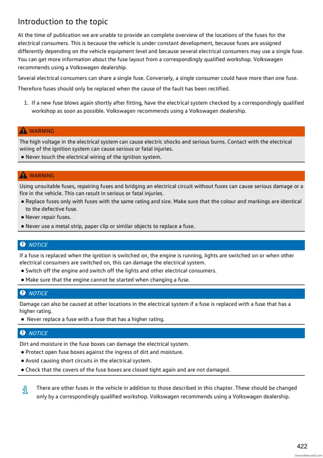 Fuse information on page 422 of the 2024 Volkswagen Polo manual