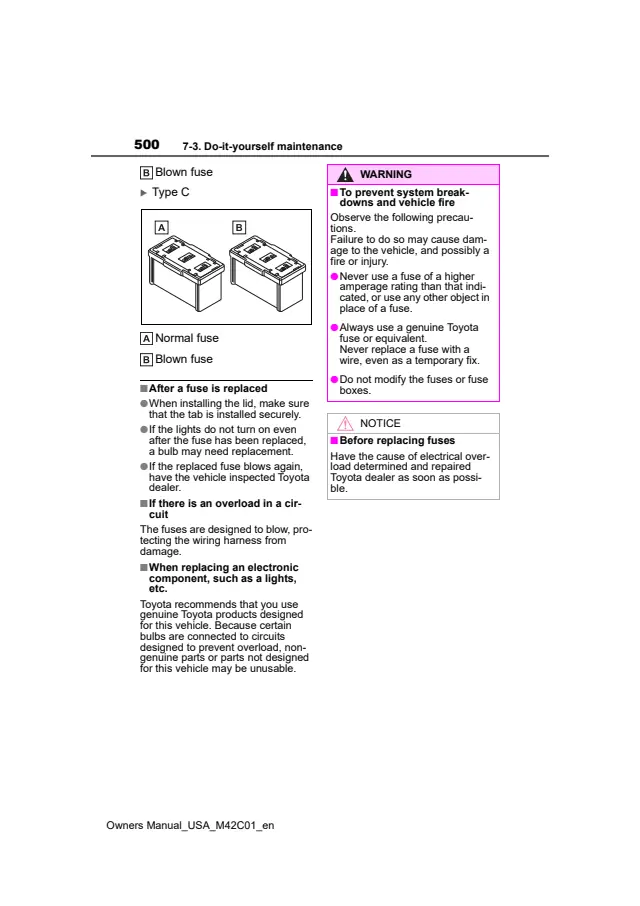 Fuse information on page 500 of the 2023 Subaru Solterra manual