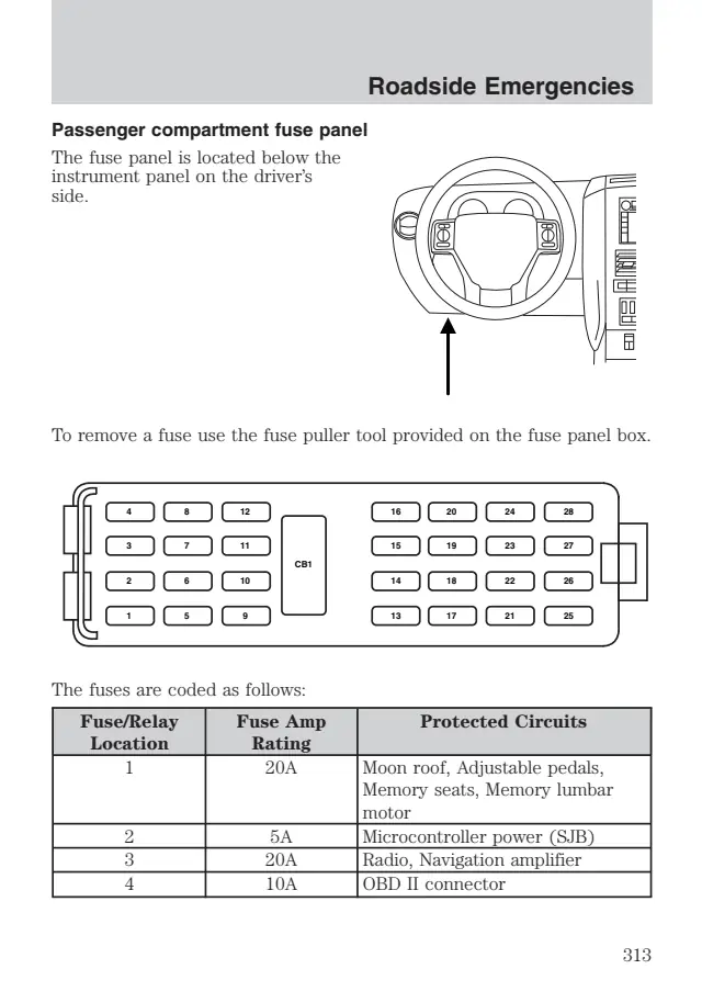 Fuse information on page 313 of the 2009 Ford Explorer manual