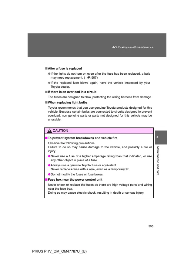 Fuse information on page 505 of the 2013 Toyota Prius Plug-in Hybrid manual