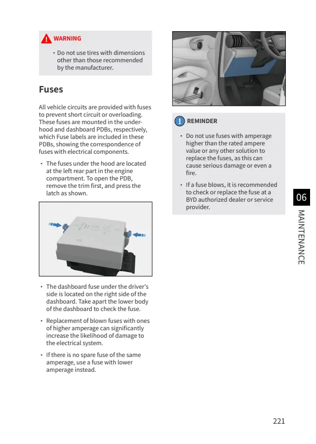 Fuse information on page 222 of the 2026 BYD Atto 3 Evo manual