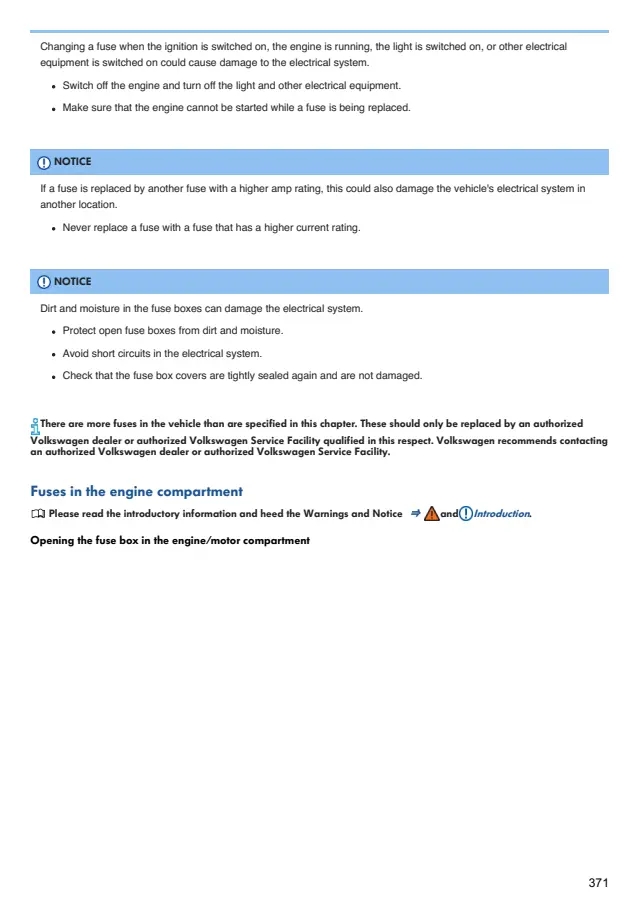 Fuse information on page 371 of the 2024 Volkswagen Atlas Cross Sport manual